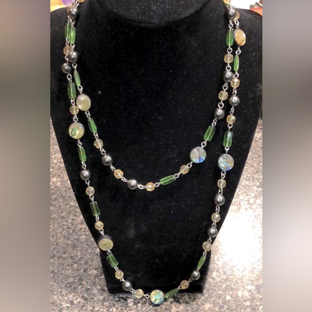 Lia Sophia Long Green and Gray Toned Necklace, EUC